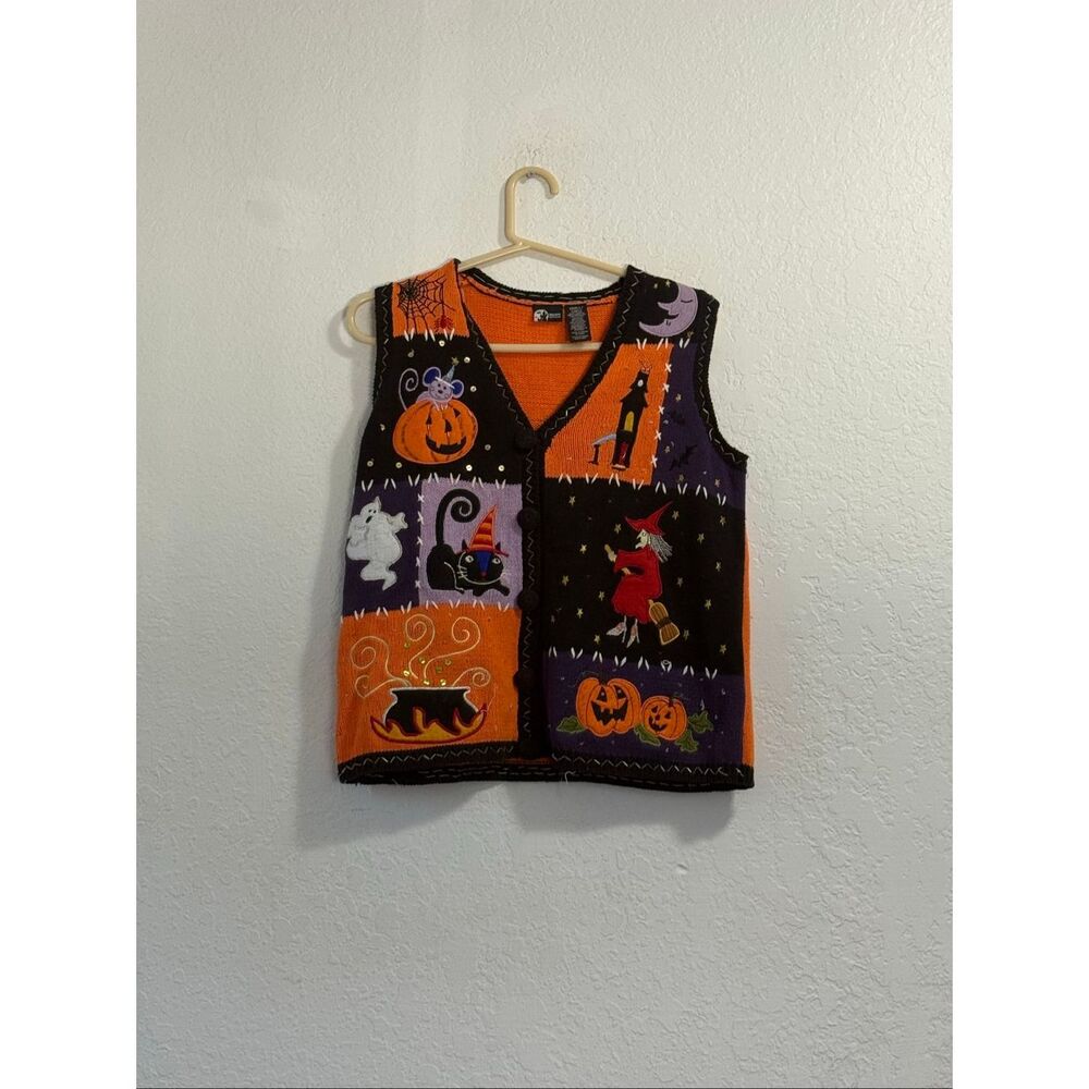 VINTAGE HOLIDAY EDITIONS HALLOWEEN VEST (1990S S Cat Witch sweater pumpkin